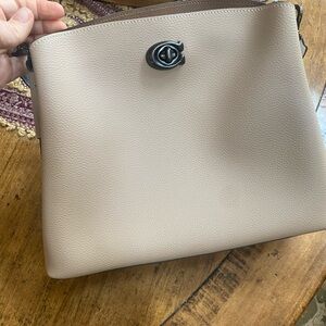 Coach Tan Shoulder Bag with Textured Leather and Circular Clasp